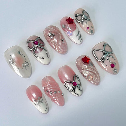 Silver Bow Princess Press-On Nails / 3D Metallic Bow & Pearl Nails / Elegant Blush Fairy Nails