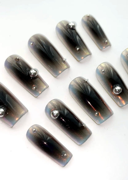 Galaxy Chrome Press-On Nails / Black Mirror Ombre Nail Set