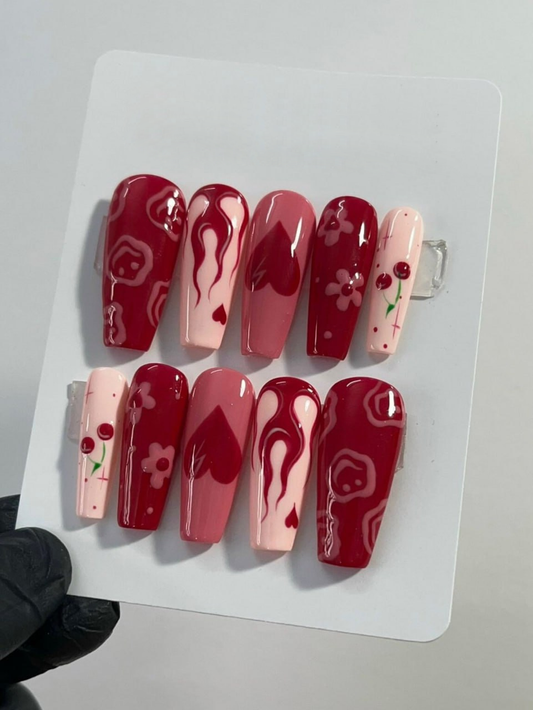 Cherry Love Press-On Nails / Red & Pink Valentine Nail Set