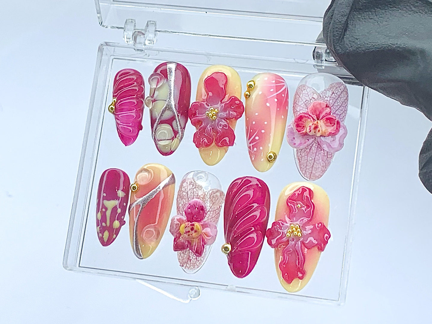 Orchid Bloom 3D Art Press-On Nails / Elegant Floral Pink Nail Set