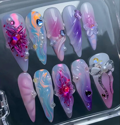 Holographic Fantasy 3D Press-On Nails / Dreamy Iridescent Nail Set