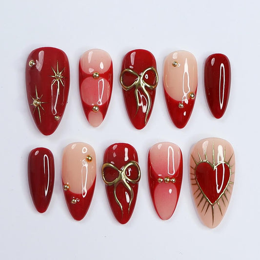 Gilded Passion Press-On Nails / Red & Gold Romance 3D Nails / Luxury Heart Accent Nails / Handcrafted Love-Inspired Nails