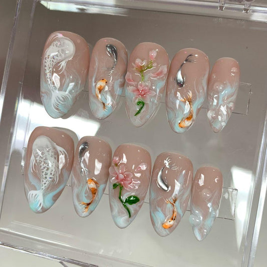 Koi Fish & Sakura 3D Art Press-On Nails / Elegant Japanese Water Art Nails