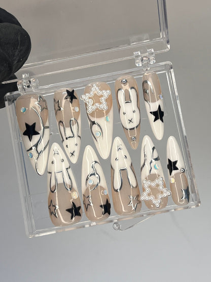 Celestial Bunny 3D Press-On Nails / Lunar Star Black & White Nails / Y2K Bunny Aesthetic Nails / Custom Handpainted Fake Nails