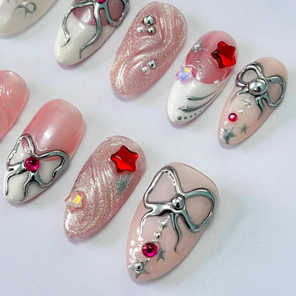 Silver Bow Princess Press-On Nails / 3D Metallic Bow & Pearl Nails / Elegant Blush Fairy Nails