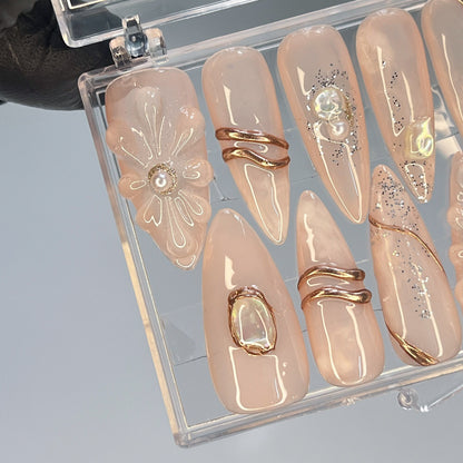 Luxury Nude Gold Floral Press-On Nails / 3D Pearl & Gold Accent Nails / Elegant Sheer Nude Nails