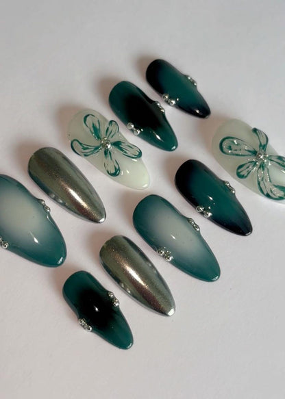 Emerald Blossom Press-On Nails / Green Gradient Floral Nail Set