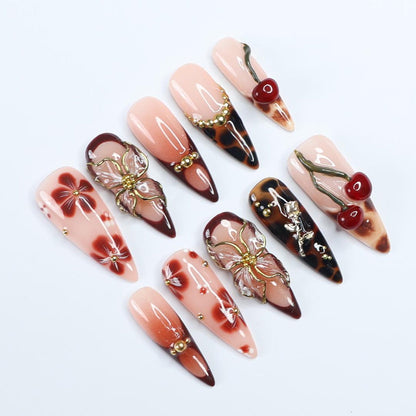 Vintage Cherry Bloom Press-On Nails / Tortoiseshell & Floral 3D Nails / Handcrafted Gold Accent Nails / Retro Elegance Fake Nails