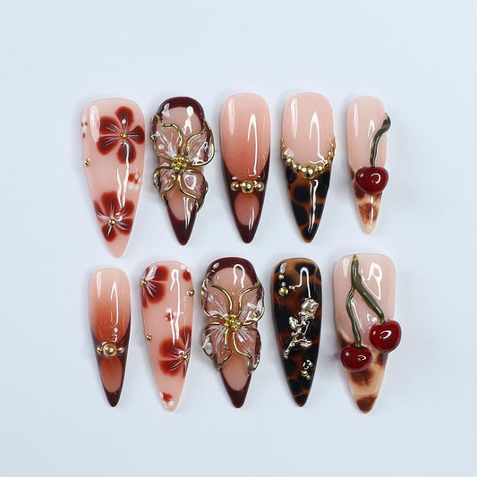 Vintage Cherry Bloom Press-On Nails / Tortoiseshell & Floral 3D Nails / Handcrafted Gold Accent Nails / Retro Elegance Fake Nails