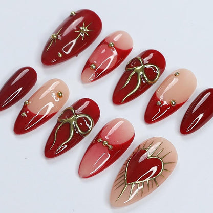 Gilded Passion Press-On Nails / Red & Gold Romance 3D Nails / Luxury Heart Accent Nails / Handcrafted Love-Inspired Nails