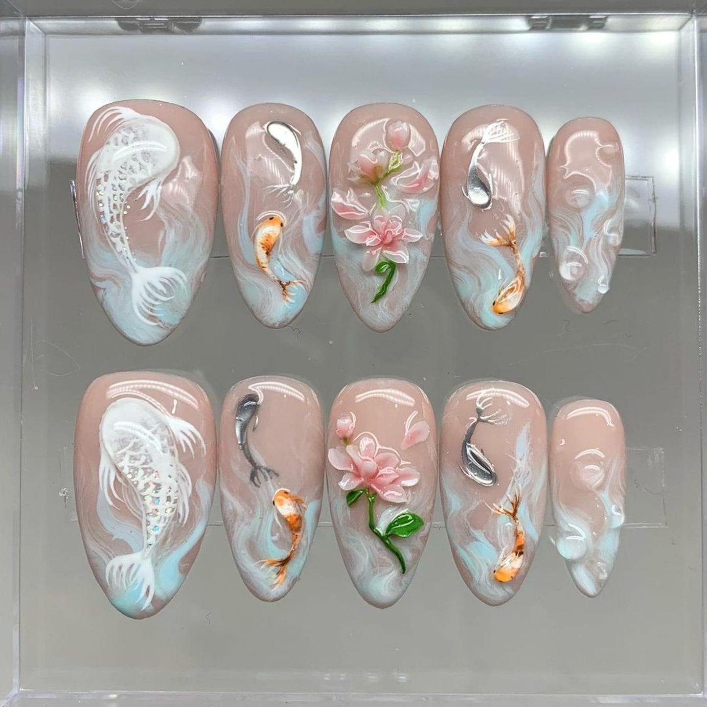 Koi Fish & Sakura 3D Art Press-On Nails / Elegant Japanese Water Art Nails