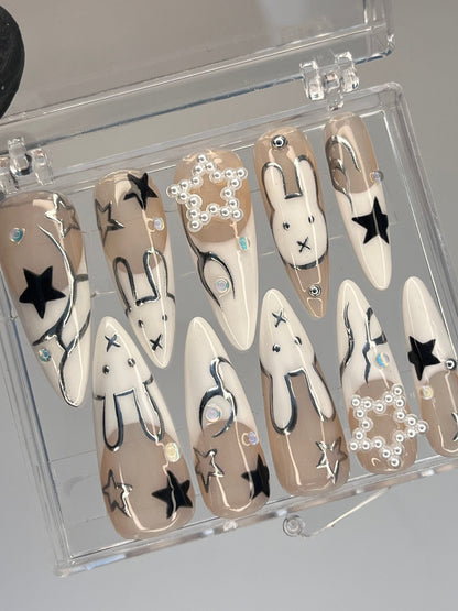 Celestial Bunny 3D Press-On Nails / Lunar Star Black & White Nails / Y2K Bunny Aesthetic Nails / Custom Handpainted Fake Nails