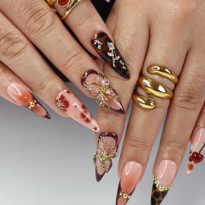 Vintage Cherry Bloom Press-On Nails / Tortoiseshell & Floral 3D Nails / Handcrafted Gold Accent Nails / Retro Elegance Fake Nails