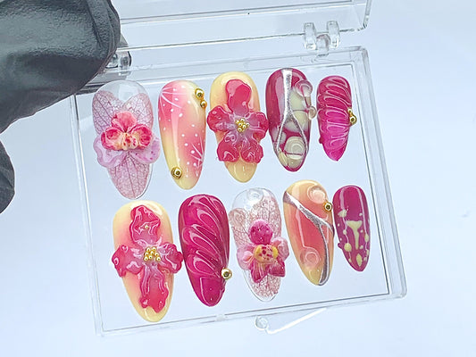 Orchid Bloom 3D Art Press-On Nails / Elegant Floral Pink Nail Set