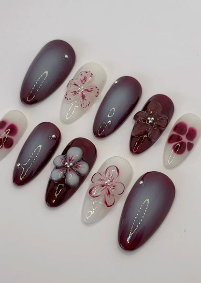 Elegant Bloom Press-On Nails / Burgundy Blossom Nail Set