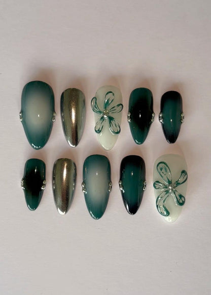 Emerald Blossom Press-On Nails / Green Gradient Floral Nail Set