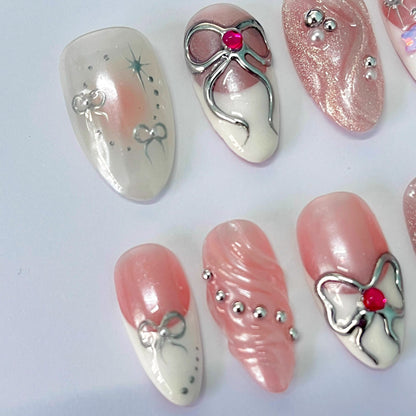 Silver Bow Princess Press-On Nails / 3D Metallic Bow & Pearl Nails / Elegant Blush Fairy Nails