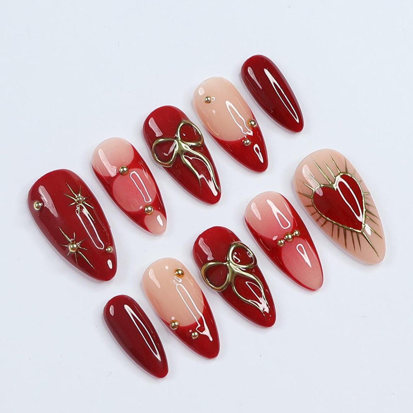 Gilded Passion Press-On Nails / Red & Gold Romance 3D Nails / Luxury Heart Accent Nails / Handcrafted Love-Inspired Nails