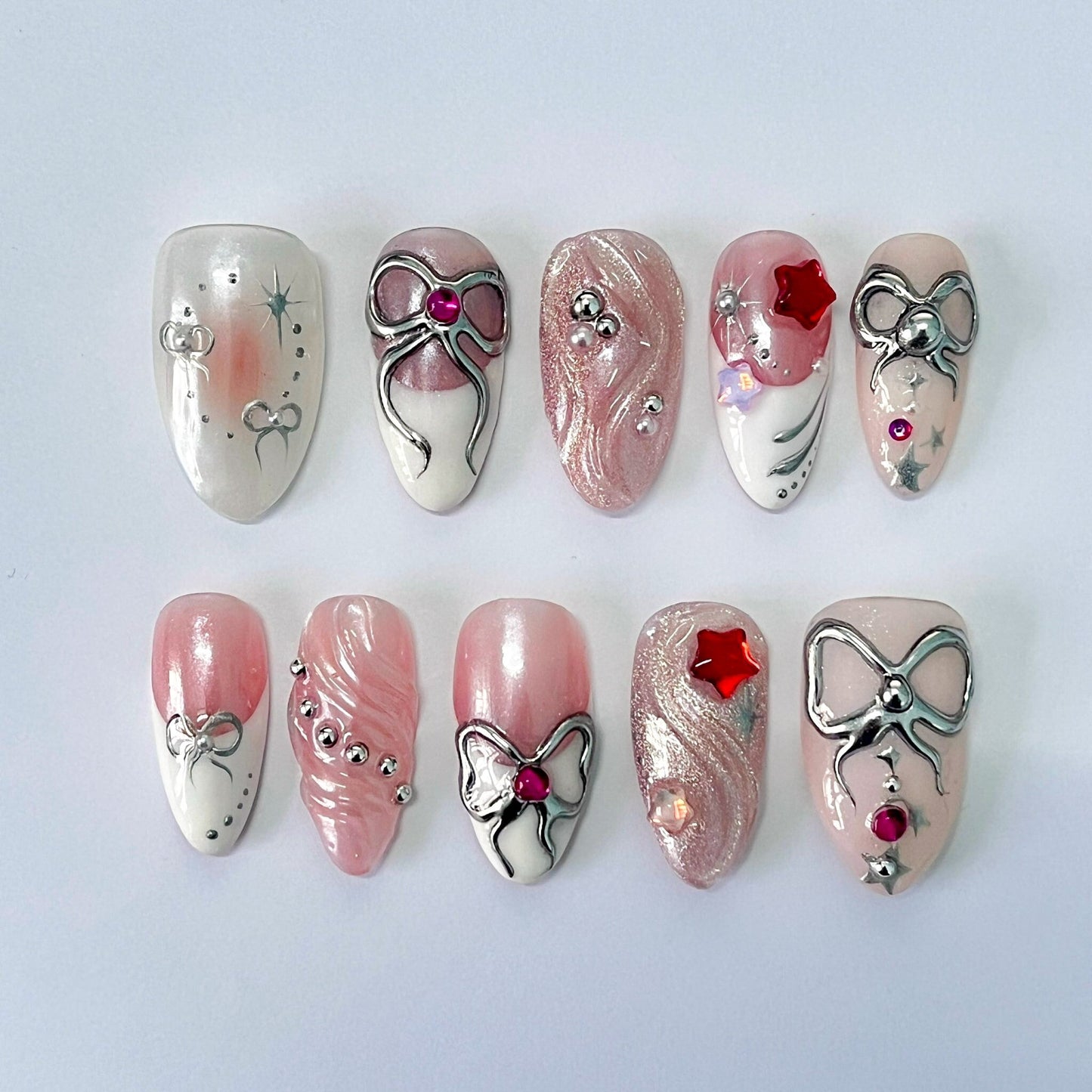 Silver Bow Princess Press-On Nails / 3D Metallic Bow & Pearl Nails / Elegant Blush Fairy Nails