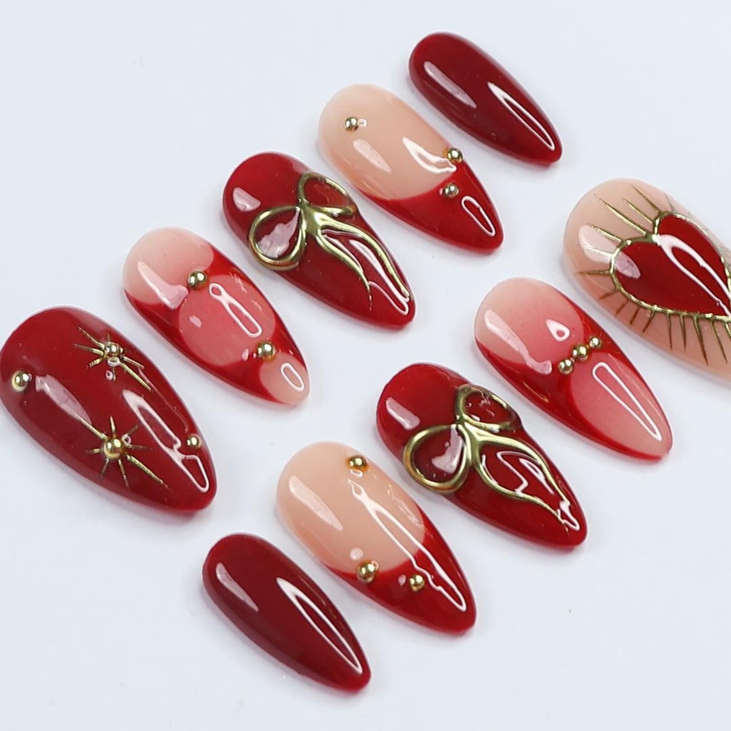 Gilded Passion Press-On Nails / Red & Gold Romance 3D Nails / Luxury Heart Accent Nails / Handcrafted Love-Inspired Nails