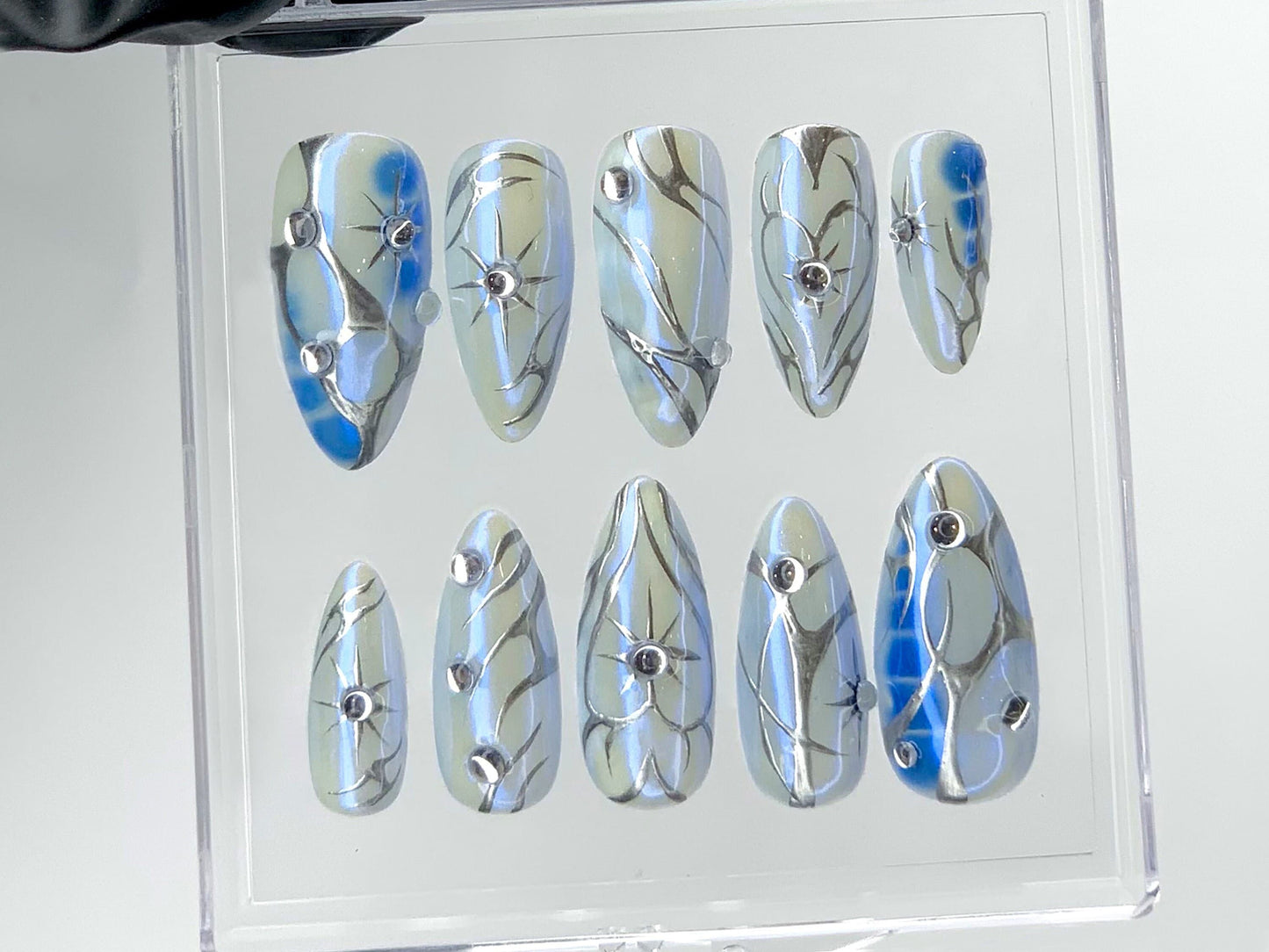 Blue Ice Chrome Press-On Nails / Futuristic Silver & Blue Nail Set