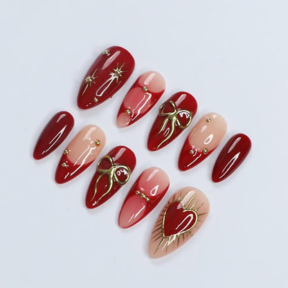 Gilded Passion Press-On Nails / Red & Gold Romance 3D Nails / Luxury Heart Accent Nails / Handcrafted Love-Inspired Nails