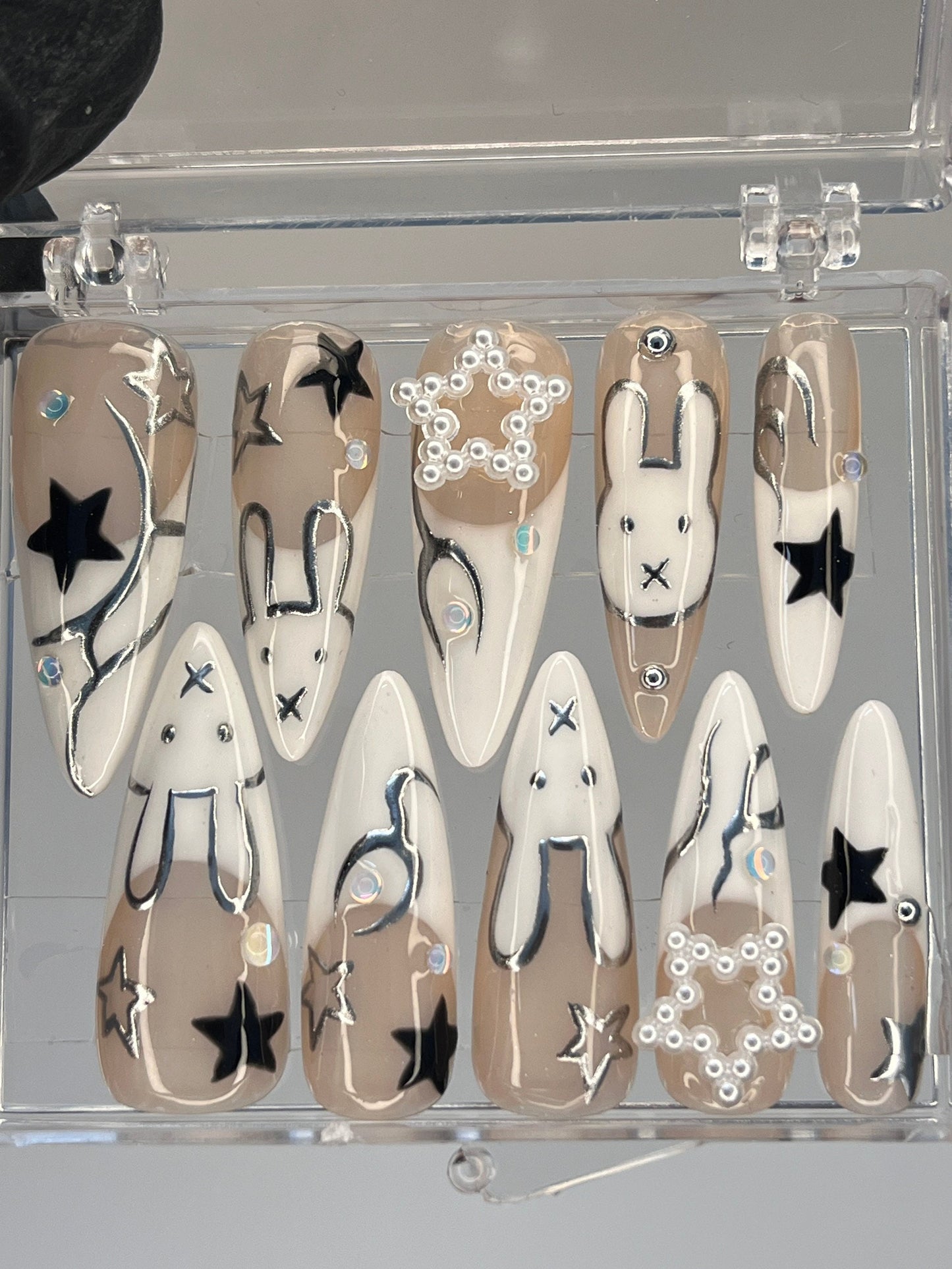 Celestial Bunny 3D Press-On Nails / Lunar Star Black & White Nails / Y2K Bunny Aesthetic Nails / Custom Handpainted Fake Nails