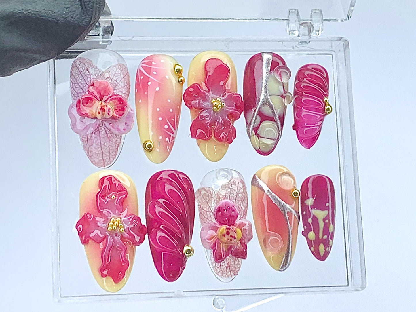 Orchid Bloom 3D Art Press-On Nails / Elegant Floral Pink Nail Set