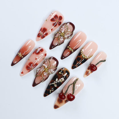 Vintage Cherry Bloom Press-On Nails / Tortoiseshell & Floral 3D Nails / Handcrafted Gold Accent Nails / Retro Elegance Fake Nails