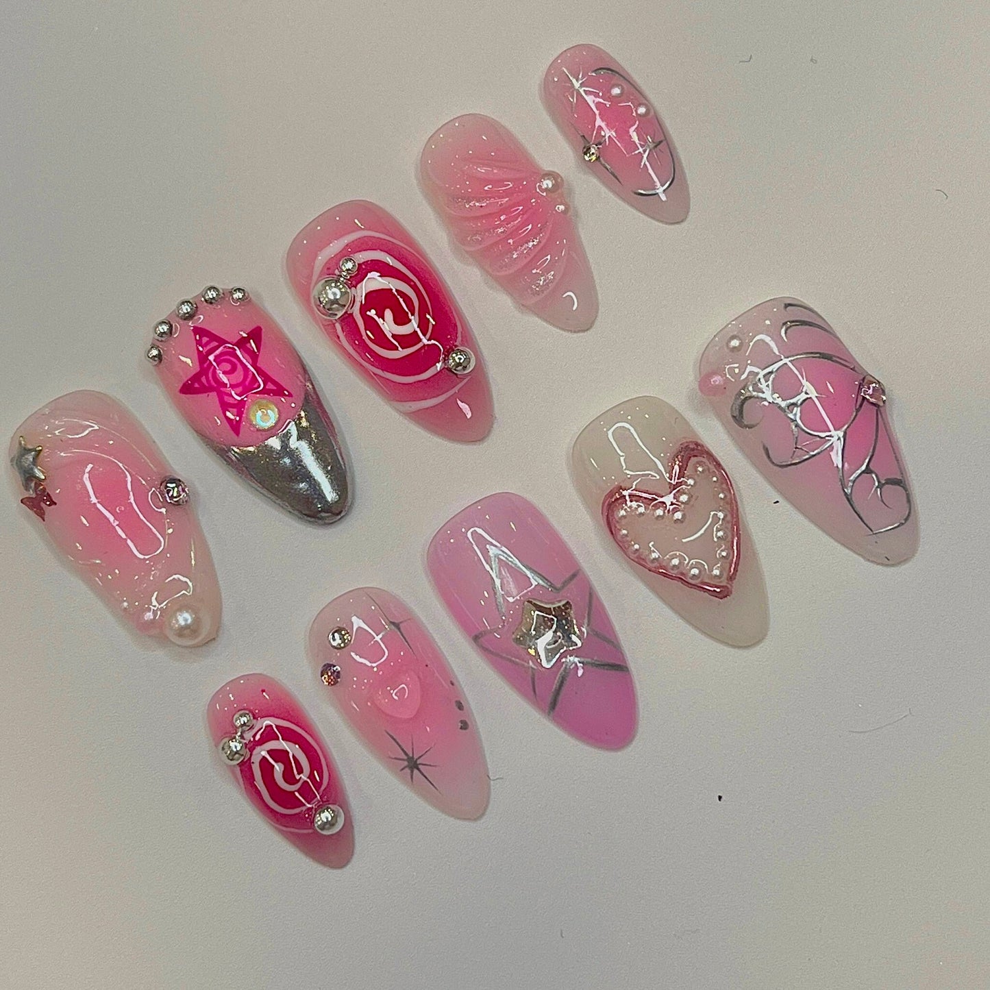 Pink Cosmic Dream Press-On Nails / 3D Y2K Star & Heart Nails / Holographic Galaxy Swirl Nails / Custom Handcrafted Barbiecore Nails