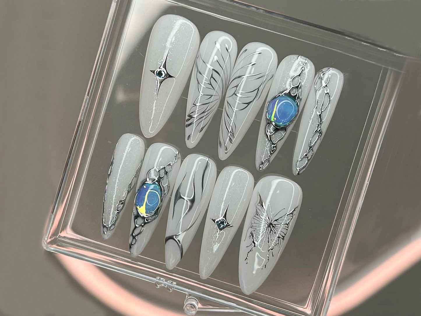 Mystic Butterfly Press-On Nails / Elegant White & Silver Nail Set