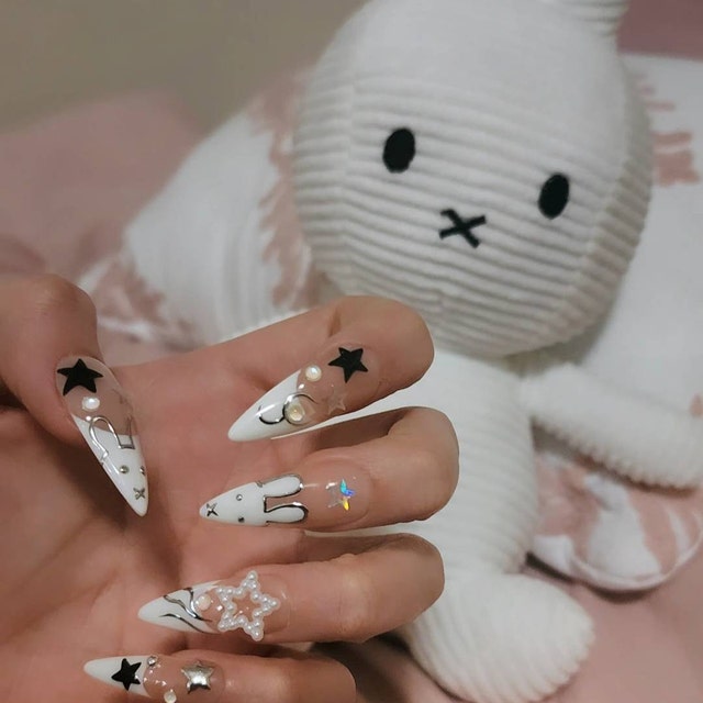 Celestial Bunny 3D Press-On Nails / Lunar Star Black & White Nails / Y2K Bunny Aesthetic Nails / Custom Handpainted Fake Nails